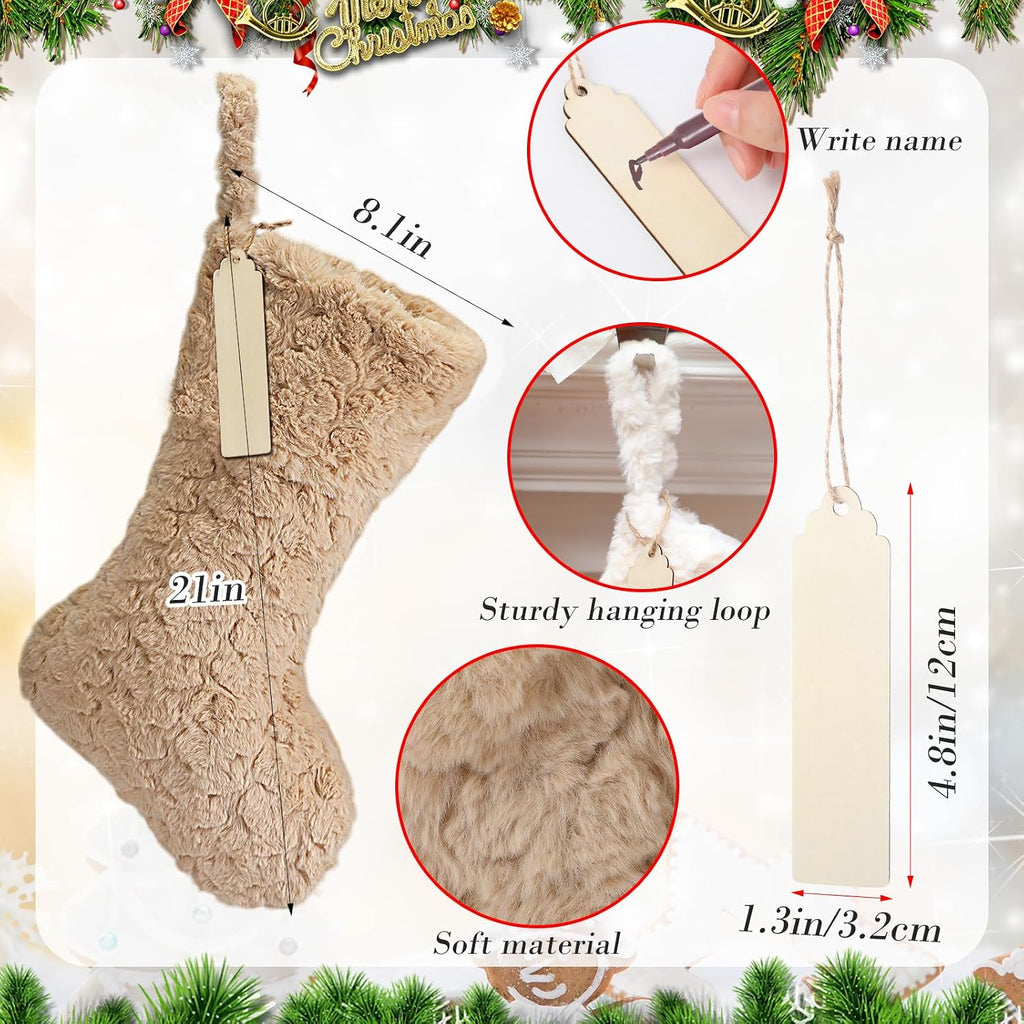 4 Pcs 21 Inch Neutral Personalized Christmas Stockings Bulk with Name Tags, Large Plush Rustic Farmhouse Xmas Stocking Modern Brown Decor for Fireplace Holiday Family(White Beige Camel Light Brown)