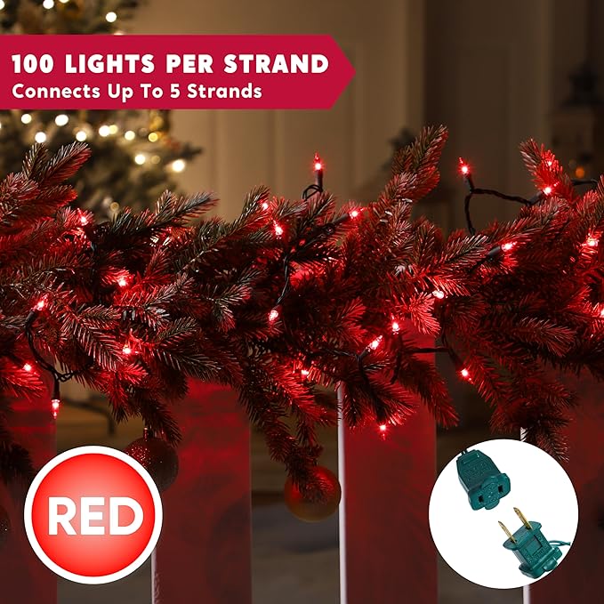 Joiedomi Red Christmas Lights Outdoor,42.8FT Christmas Tree Lights Outside,200(2x100) Count String Lights,Green Wire Xmas Lights for Decorations Indoor Holiday Theme Party Yard House