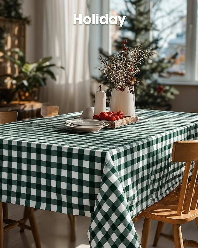Pureegg Plastic Table Cloth Disposable 10 Pack, 54 x 108 Inch Table Cloths, Party, Picnic, Decorative Gingham Tablecloths, Rectangle, Green and White Checkered Cover, Leakproof & Sturdy, Green Plaid