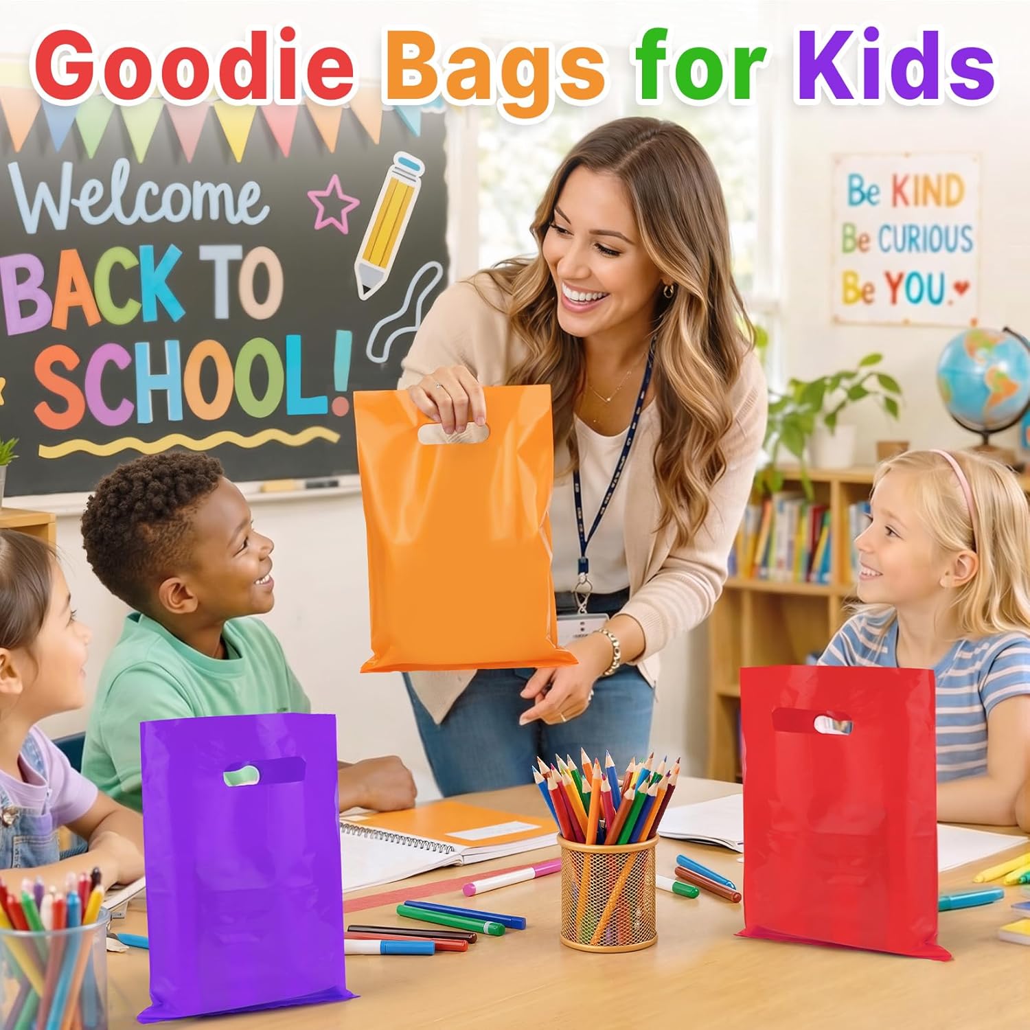ANZNKU 50 PCS Multicolor Party Favor Gift Bags 8"x11", Goodie Bag Bulk for Candy Jewelry Treat Snack Craft, Small Reusable Plastic Party Bags with Handles for Kids Birthday, School & Festive Events