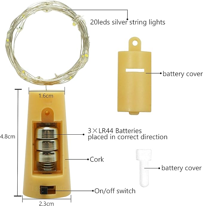 20 LED Wine Bottle Lights with Cork, 15 Pack Battery Operated Cork Shape Fairy Light Waterproof Mini Copper Silver Wire String Lights for Party, Wedding, Christmas, Bedroom Decor (Warm White)