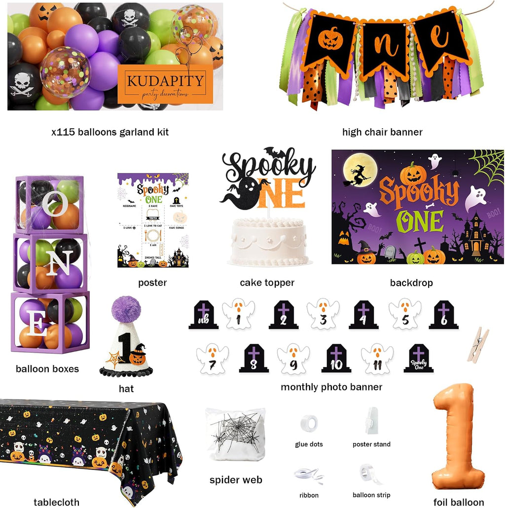 halloween 1st birthday party decorations,spooky one birthday supplies shown in use
