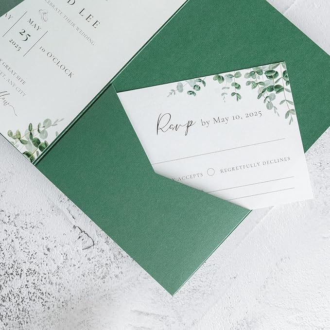 20 PCS Emerald Green Tri-fold Laser Cut Wedding Invitation Pockets for 5x7 Wedding Cards Bridal Shower Engagement Quinceanera Invitation