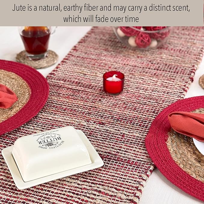 Chardin home Natural Jute Table Runner 13x36 Inch – Vintage Boho Rustic Table Decor – Handwoven Table Runner in Natural Jute and Red – Farmhouse Dining or Console Table Accent