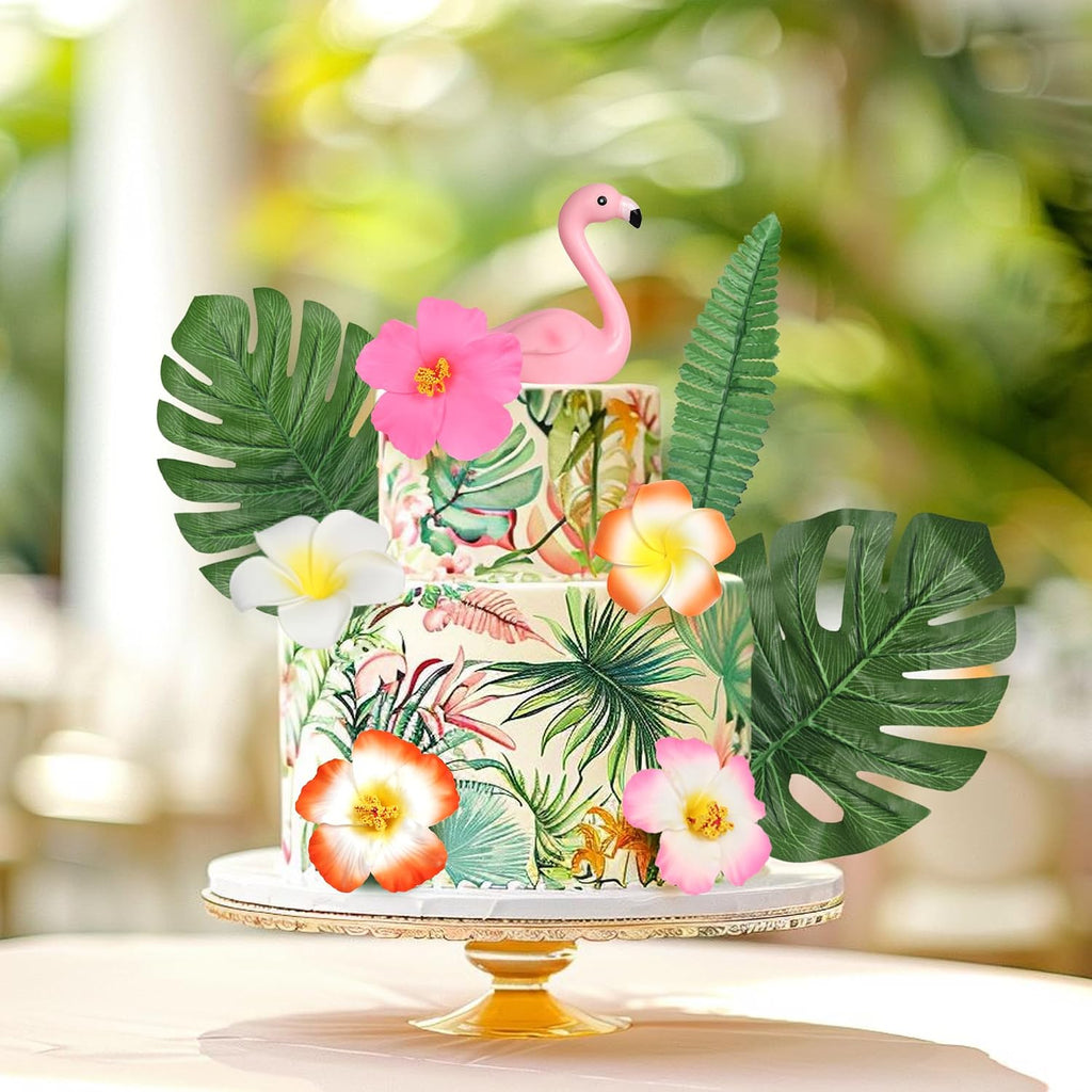 9 PCS Flamingo Cake Toppers Palm Leaves Hibiscus Flowers Flamingo Cake Decoration Hawaiian Cake Decorations for Tropical Luau Summer Hawaii Theme Baby Shower Birthday Party Decorations Supplies