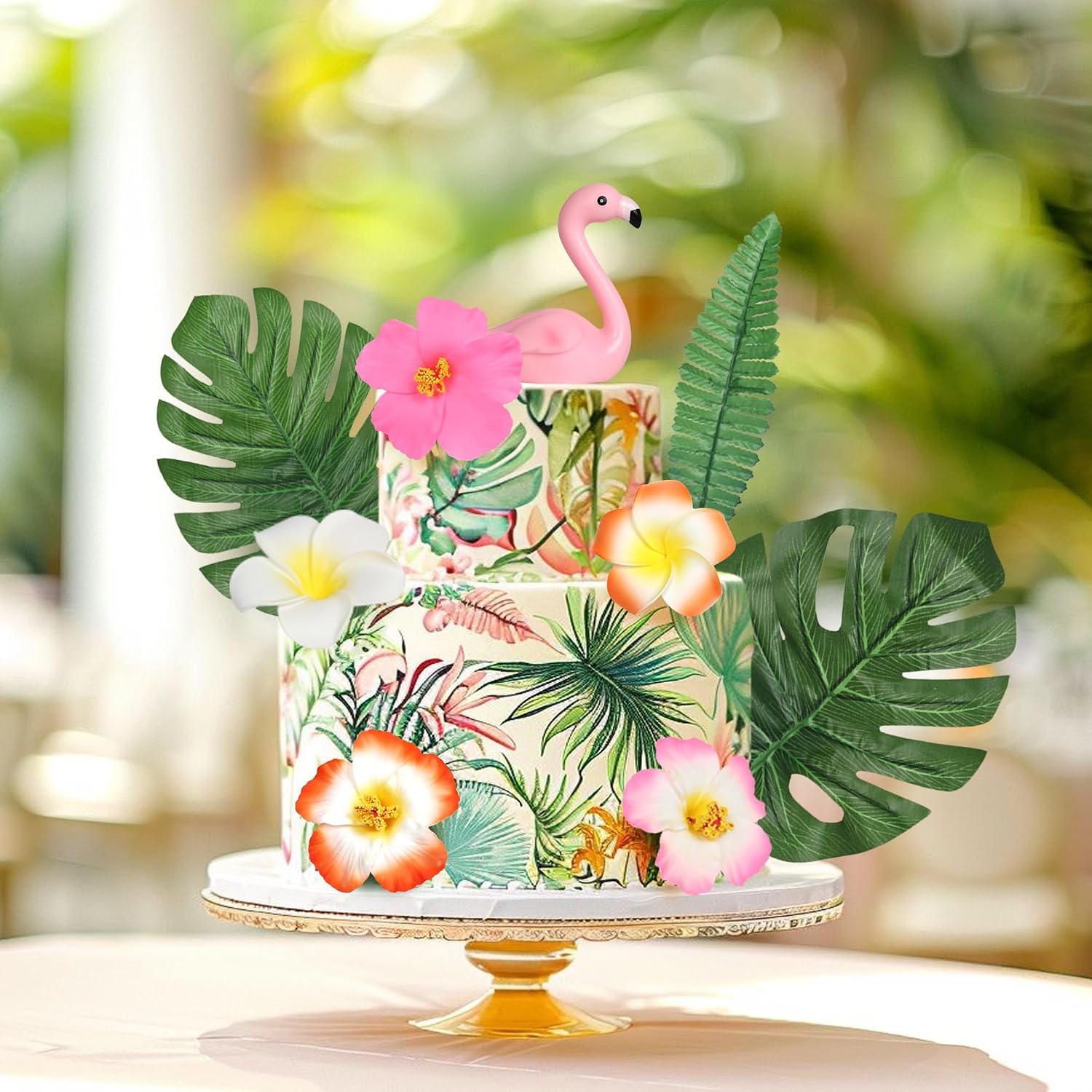 9 PCS Flamingo Cake Toppers Palm Leaves Hibiscus Flowers Flamingo Cake Decoration Hawaiian Cake Decorations for Tropical Luau Summer Hawaii Theme Baby Shower Birthday Party Decorations Supplies
