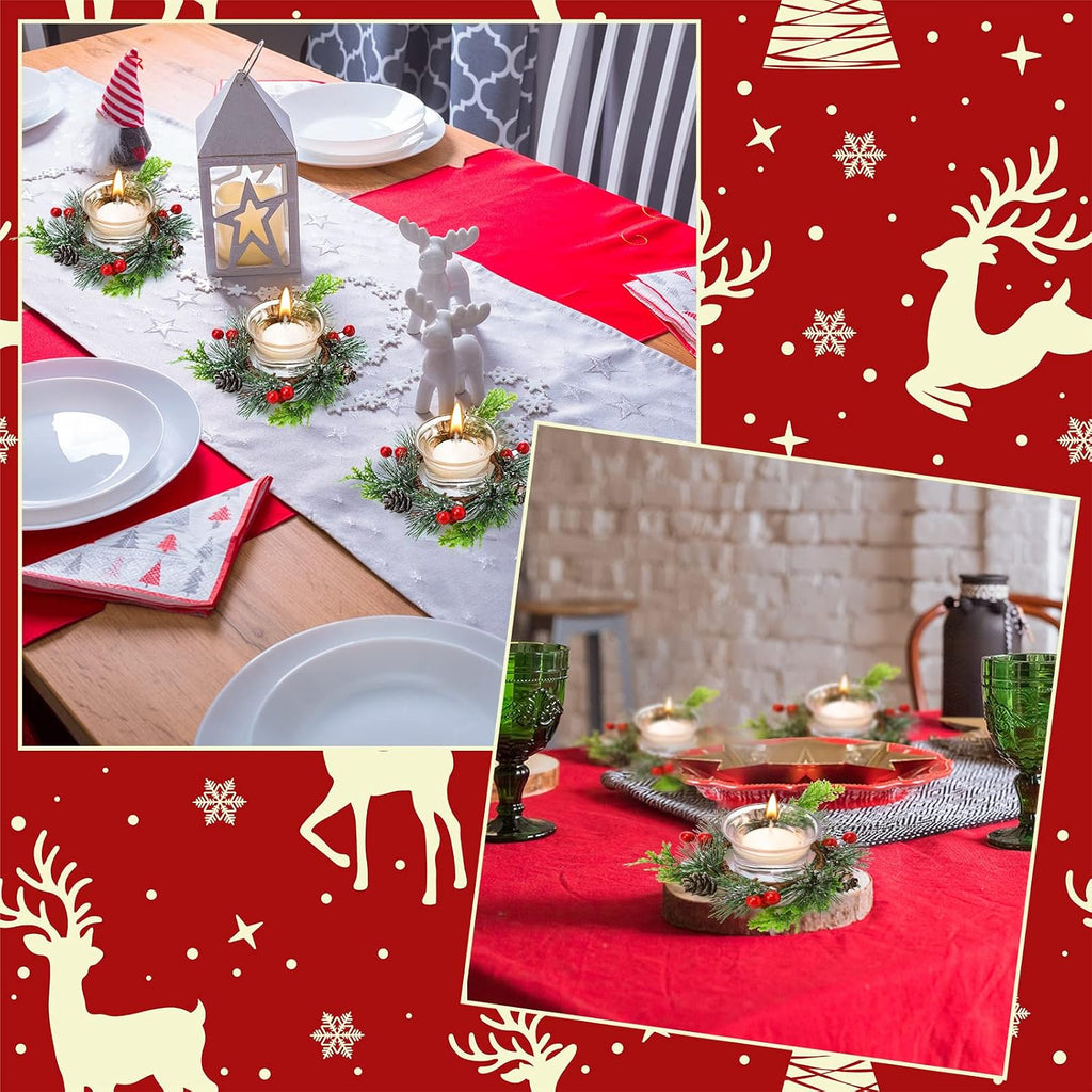 Dingion 12 Pcs Christmas Votive Candle Holder Set Xmas Table Centerpiece with Christmas Berry Candle Ring Decorative Glass Tealight Holder for Wedding Christian Church Xmas Holiday Table Decoration