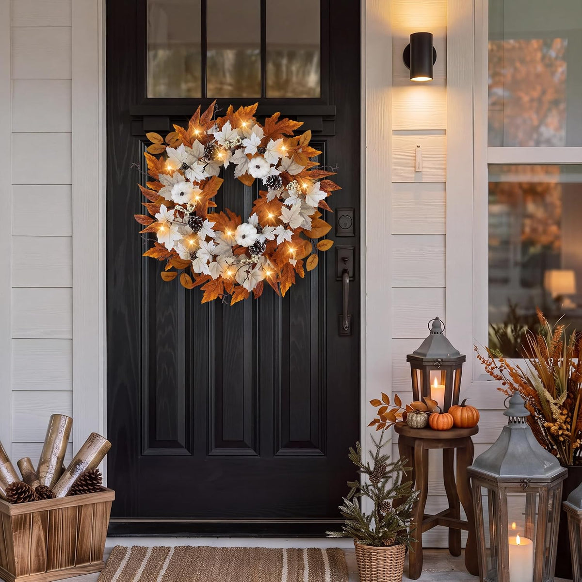 Fall Wreaths for Front Door Outside Autumn Wreath with Lights Berries Pine Co...