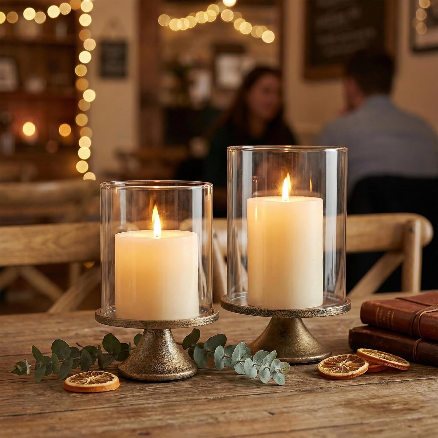 Set of 2 Hurricane Candle Holder Set with Glass Dome & Iron Base – Elegant Decorative Pillar Candle Holders for Living Room, Dining Room & Bedroom Centerpiece - Ideal Home Décor