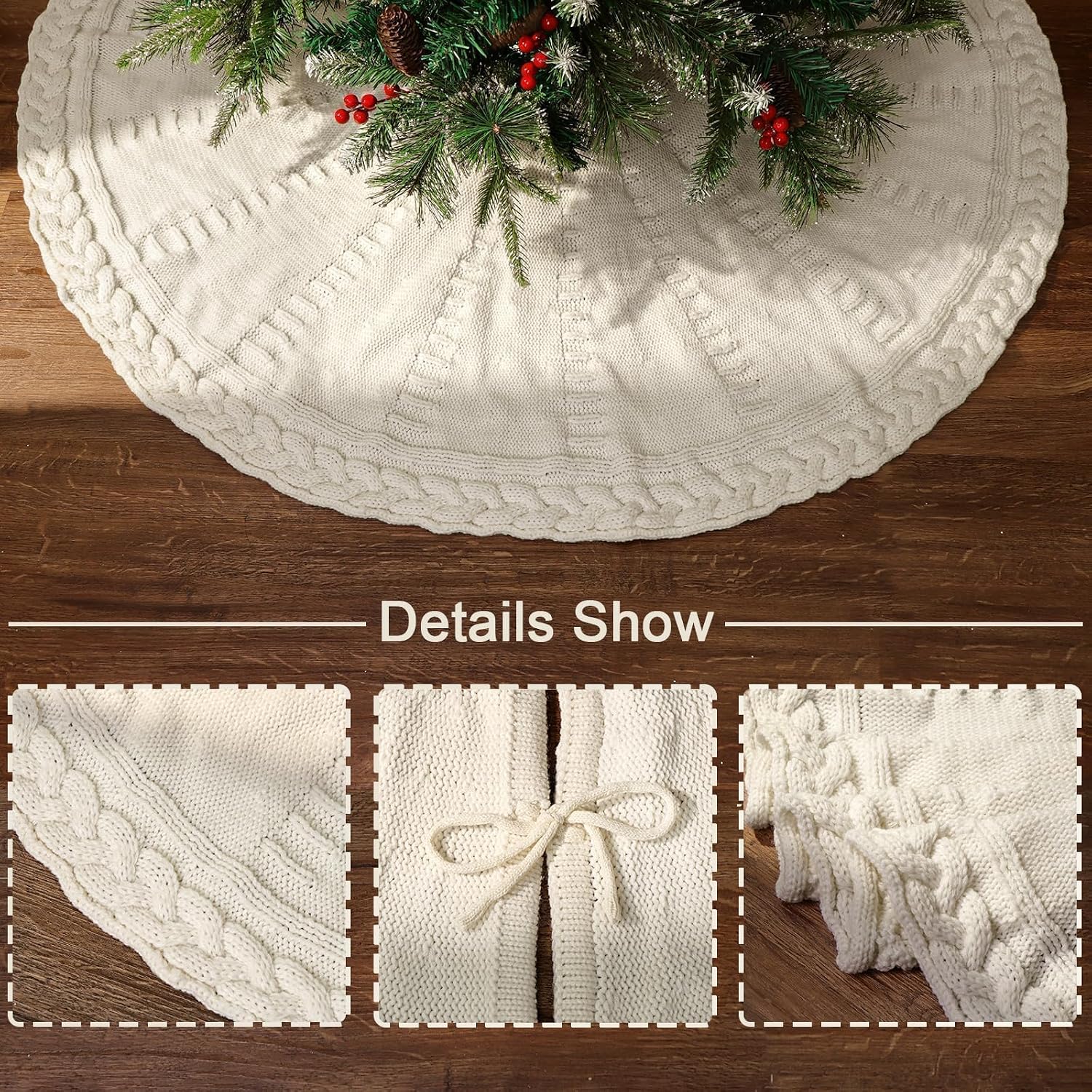 48 Inch Christmas Tree Skirt: Braided Cable Knit Tree Skirt for 7.5FT Tree, Cream White Tree Skirt, Vintage Tree Skirts, Rustic Farmhouse Christmas Decorations