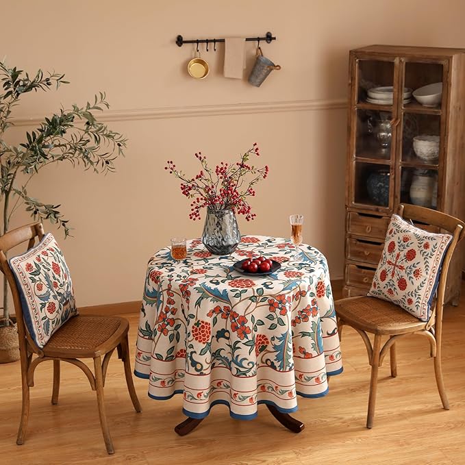 patdrea Designer Linen Round Table Cloth,Durable Breathable Floral Dacorative Tablecloth,Decor Tables Covers for Kitchen Dining,Tea Party,Holiday,Christmas,Thanksgiving,Diameter 55"-Puno