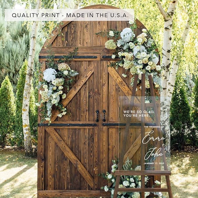 Andaz Press Custom Large Wedding Acrylic Sign, 16 X 24 Inches, So Glad You'Re Here, Personalized Sign, Welcome Sign For Modern Wedding Theme Wedding Welcome Sign