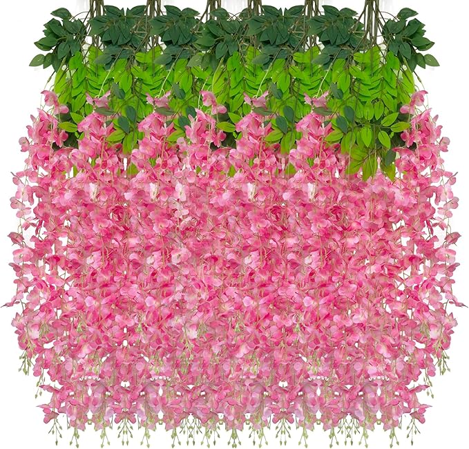 24 Pack Dark Pink Wisteria Hanging Flowers Garland, 3.77 Feet Artificial Flower Vines, Fake Wisteria, Artificial Vines Hanging Garland for Backdrop Outdoor Yard Garden Decor