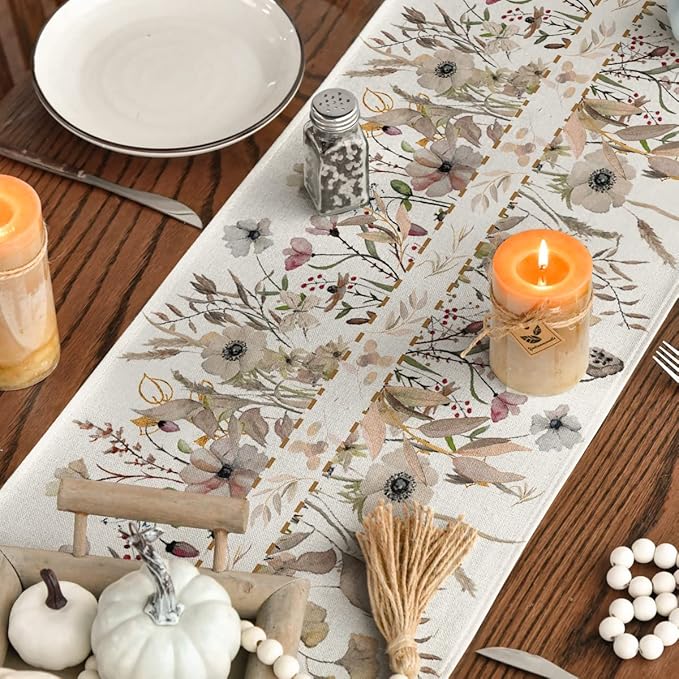 Artoid Mode Wildflower Leaves Floral Fall Table Runner, Autumn Thanksgiving Kitchen Dining Table Decoration for Indoor Outdoor Home Party 13x48 Inch