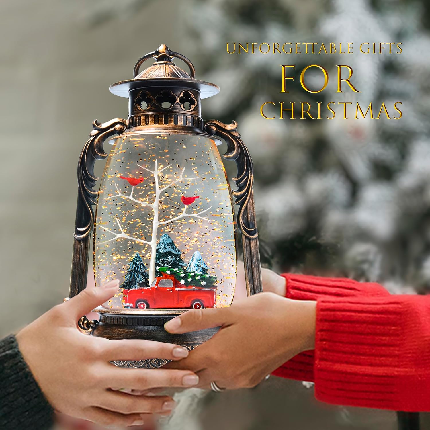 Large Christmas Snow Globes, 13.8" Cardinal Musical Snow Globe 8 Songs 6H Timer Music Box Dual Power Snowglobes for Kids Adults Red Truck Christmas Lantern Lighted Christmas Decor Indoor Gifts