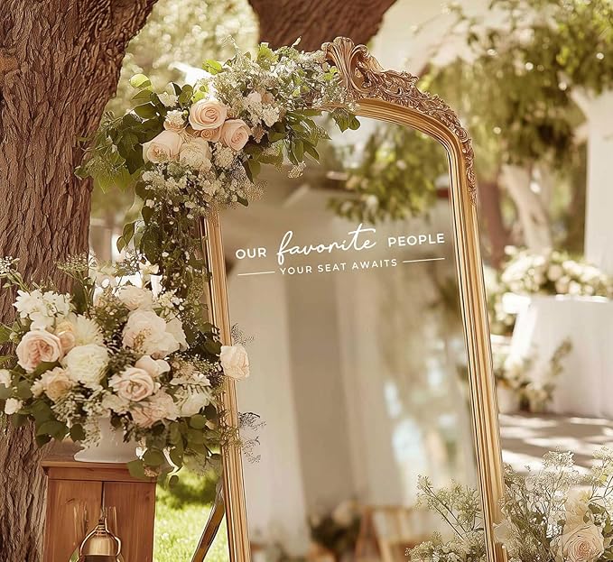 Our Favorite People Vinyl Decal, Please Find Your Seat Sign for Wedding Reception Wedding Vinyl Decal Seating Chart Sticker for Mirror, Your Seat Awaits (White, Width 17 inch)