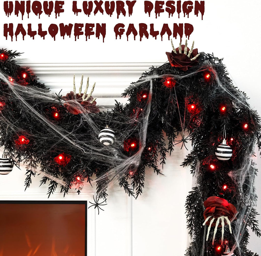 9ft black garland with lights and ornaments prelit, side view