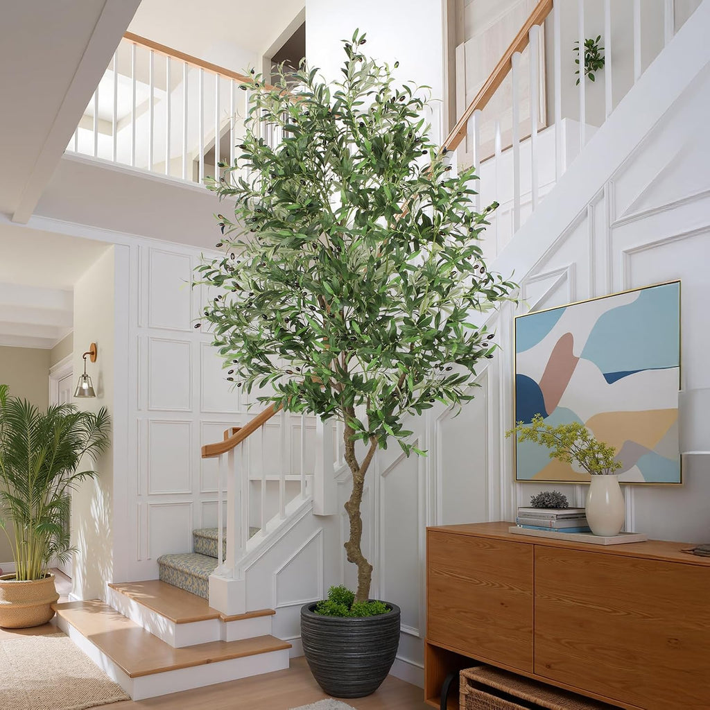 faux olive tree 8ft, large realistic silk olive, close-up detail