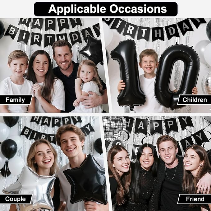 19th Birthday Decorations for Boys Men, Black Silver Happy Birthday Party Decorations， 19 Year Old Party Supplies with Number 19 Balloons, Banner, Fringe Curtains Kit