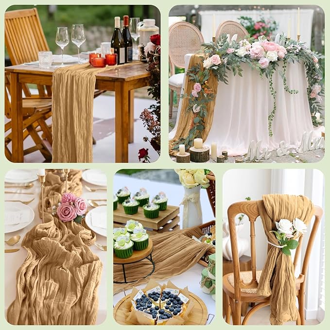Asee'm 4pcs Cheesecloth Table Runner 120 Inches Long Khaki Boho Gauze Cheese Cloth Runner 10FT Rustic Sheer Table Runners for Christmas Wedding Party Baby Shower Spring Easter Decoration