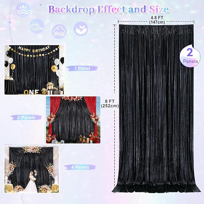 9.6x8FT Black Sequin Curtains: Photo Backdrop Drapes 2 Pieces 4.8x8FT Birthday Backdrop for Hallween Decorations Arch Backdrop