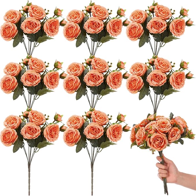 8 Bundles Artificial Peonies Flowers Boho Faux Flowers Arrangements Artificial Centerpiece Spring Bouquet Floral Wedding Decoration for Vase(Orange)