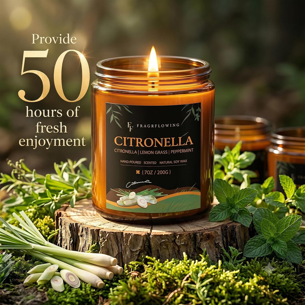 Citronella Candle, Indoor Outdoor Lemongrass Scented Candle，Natural Soy Wax Jar Candle, 50-Hour Burn Time, 7 oz