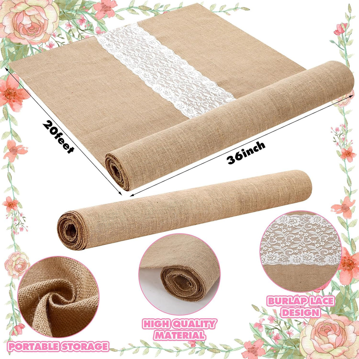 Preboun 3ft X 20 ft Aisle Runner for Wedding Ceremony, Lace Burlap Style