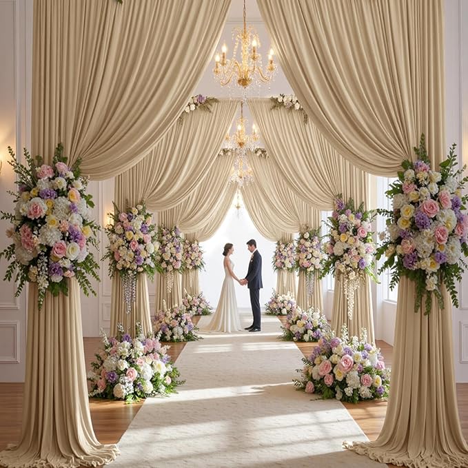 40×14 ft Wrinkle Free Beige Backdrop Curtain for Weddings Parties, 8 Panels 14ft Silky Polyester Wedding Drapes Backdrop Photo Back Drop Cloth for Birthday Baby Shower Photography Backgrounds