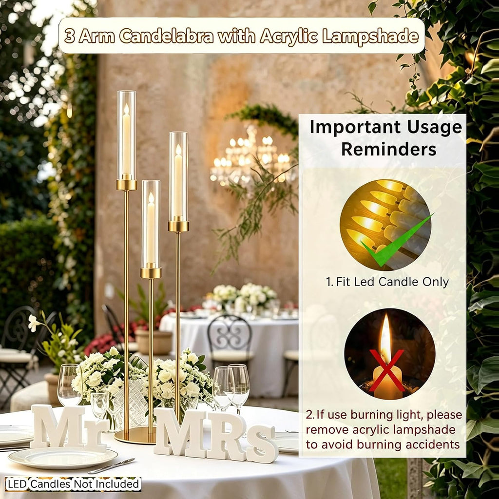 2pcs Gold Candelabra for Table Centerpieces, 33.8'' Tall 3 Arm Candle Holder with Acrylic Lampshade for Wedding Tables, Party, Events, Christmas & Halloween Home Decor, Fit LED Taper Candles