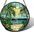 Stained Glass Window Hanging, Green Beach Scenery Suncatcher Diamond Glass Panel Hangings Sun Catchers Decor for Birthday for Women, Men, Wife, Aunt, and Mom 9.8 in
