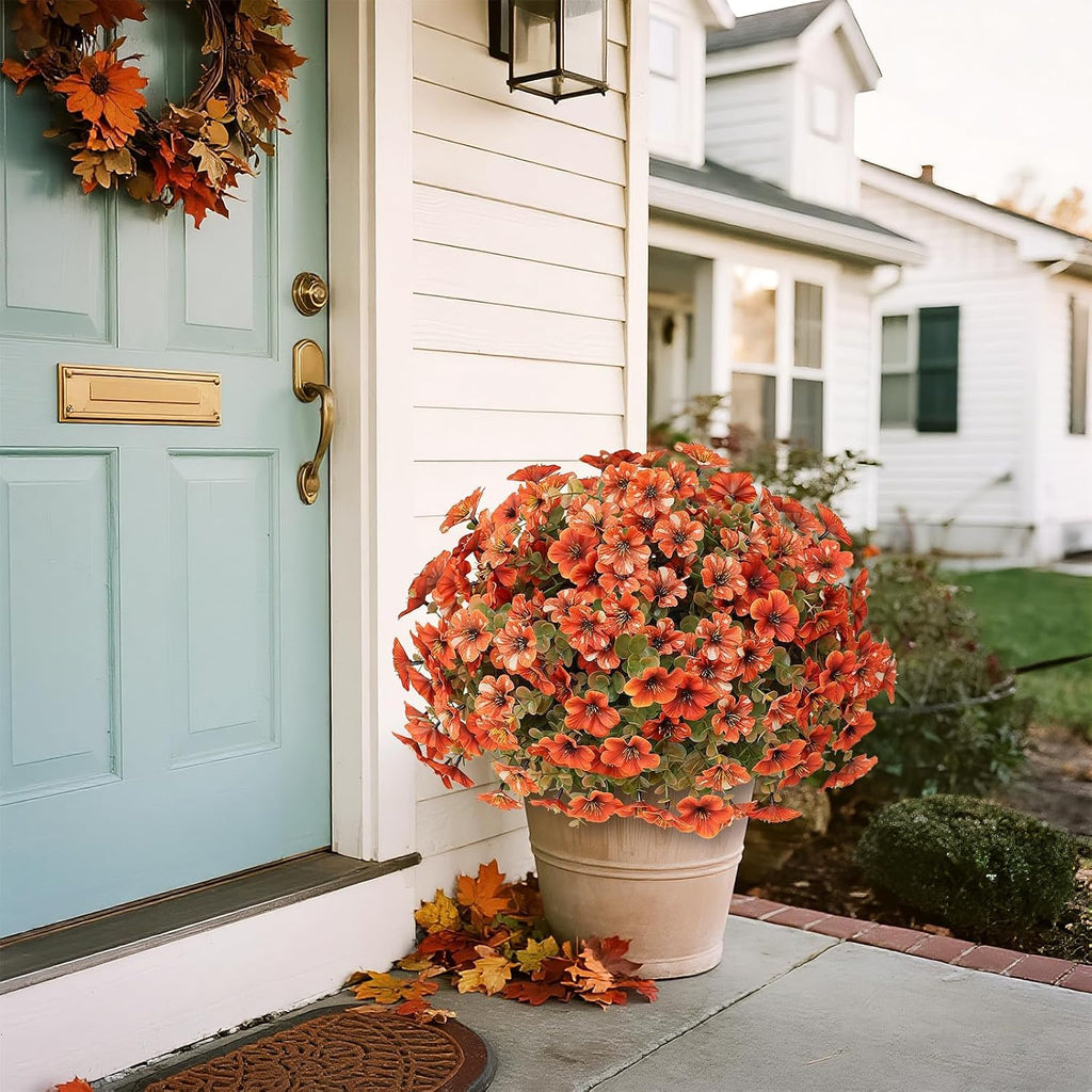 2 sets artificial fall flowers topiary ball trees, front angle view