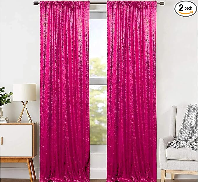 JYFLZQ Hot Pink Sequin Backdrop Curtain 2x8ft 2 Panel Fuchsia Glitter Photo Booth Photography Backdrop Background for Parties Shimmer Wall Backdrop Wedding Backdrop Decorations