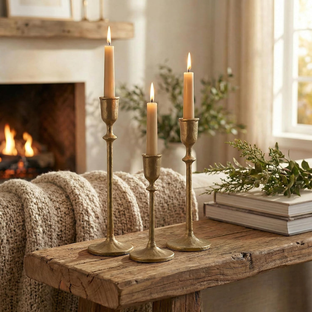 BANOMII Antique Brass Candlestick Holders Set of 3, Cast Iron Taper Candle Holder for Dining Table Centerpiece, Wedding, Fireplace Mantel Decor, Vintage Tall Candle Stands, Christmas Decorations