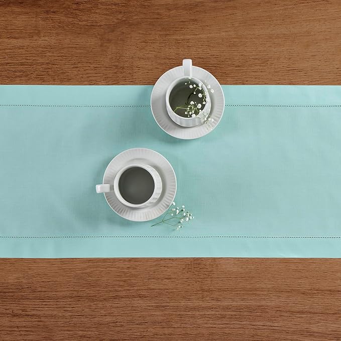 Solino Home Cotton Linen Table Runner 90 Inches Long - Hemstitch Pastel Turquoise Dining Table Runner 14 x 90 Inch