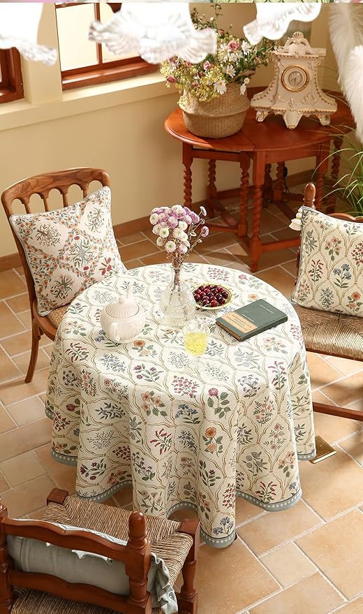 ISAENNE Designer Linen Round Tablecloth,Western Colorful Floral Indoor Table Cloth,Wrinkle Resistant Decor Tablecloths for Dining Thanksgiving Kitchen Christmas,Diameter 67"-Serenity B