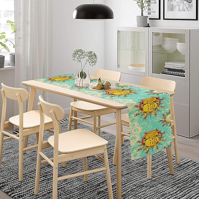 Retro Sun Moon Table Runner, Phase of The Moon Vintage Cloud Table Runner for Kitchen Dinner Living Room Table Runner Yellow Floral, 13x70 Inch Yellow Blue