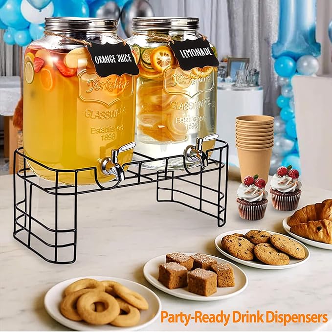 2 Gallon Glass Drink Dispenser for Parties, 2 Pack Beverage Dispenser with Stand, Lemonade Dispenser with 18/8 Stainless Steel Spigot, Leakproof for Sun Tea, Juice, Picnic, BBQ & Bars