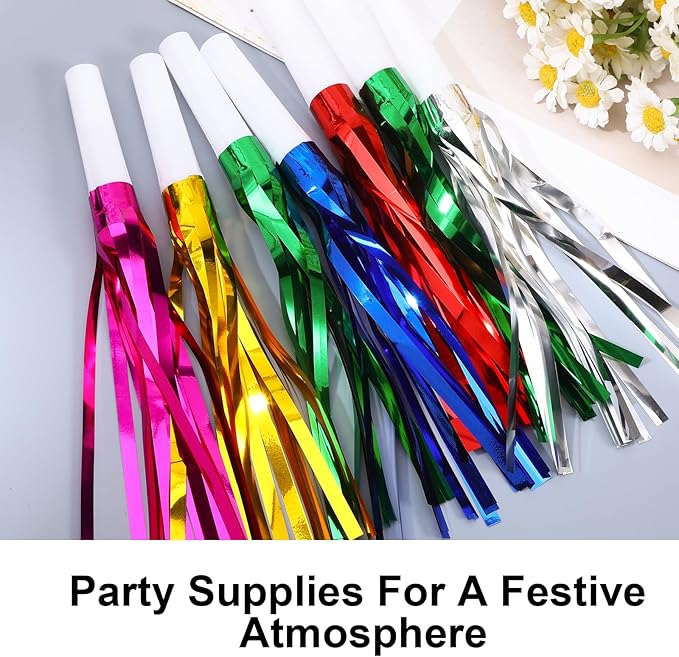 24 Pcs Party Horns, Party blowers Noise Makers, Graduation Noise Makers Glitter Metallic Fringed Birthday Blowers for Wedding Birthday Graduation Ceremony Festival (6 Colors)