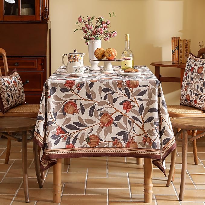 patdrea Designer Brown Tablecloth for Square Table,Linen Pomegranates and Leaves Pattern Tablecloths,Table Cover Cloth Decor for Kitchen Dining Christmas,Thanksgiving,Party,67"x67"-Tehran a