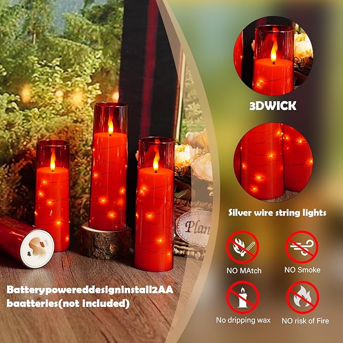 Flameless Candles with Embedded Star String - Battery Operated LED Candles, with Remote,12 Red Flickering Candles for Christmas, Weddings, Home Decor & Party,(D 2.3"×H 5" 6" 7")