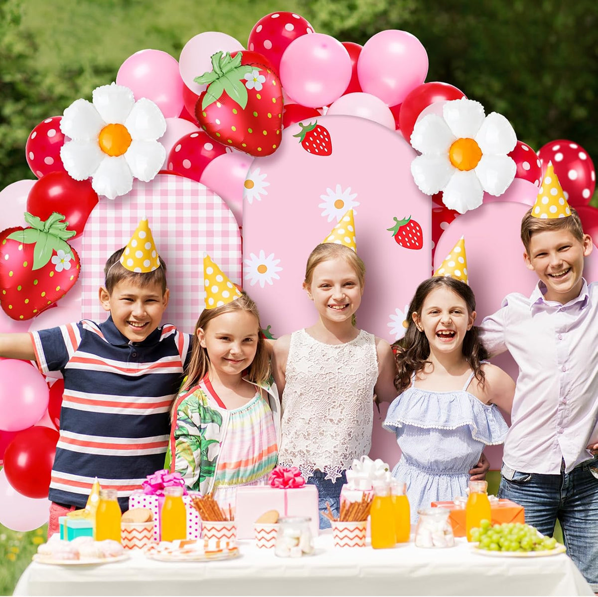 foilswirl 34 pcs strawberry arch backdrop covers party shown in use