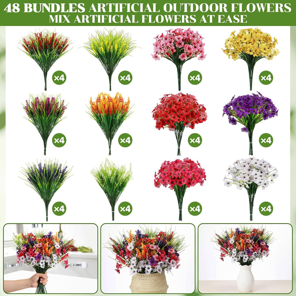 zeyune 48 bundles artificial flowers for outdoors uv, close-up detail