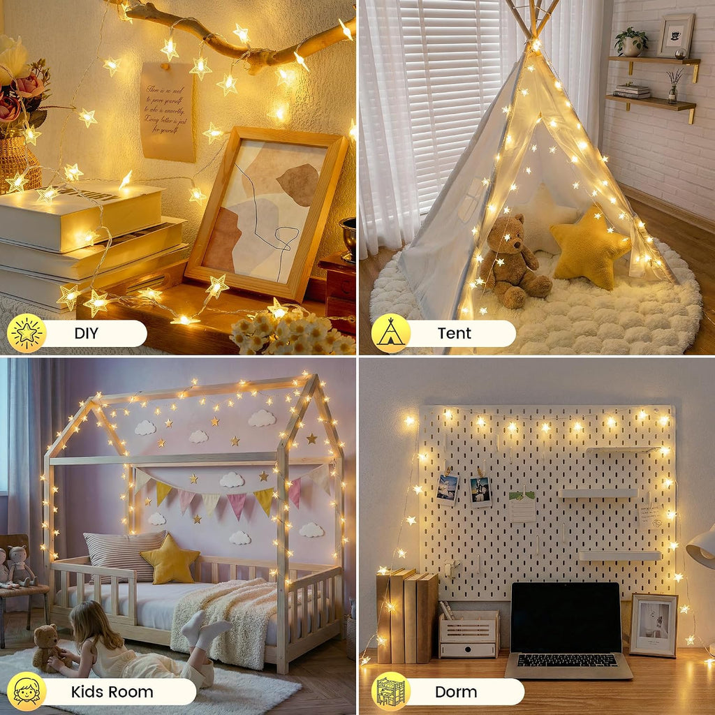 HEYFUNi Warm White Star String Lights with Remote, 16ft 50 LED | Cute Fairy Lights USB & Battery Operated, 8 Modes & Timer, Waterproof Hanging Star Decor for Bedroom, Nursery, Dorm Decor