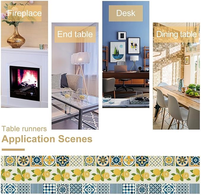 Lemon Table Runner,Watercolor Blue Fruits Green Leaves Print Table Cloth Kitchen Dining Table Home Party Decoration 13x72 Inch