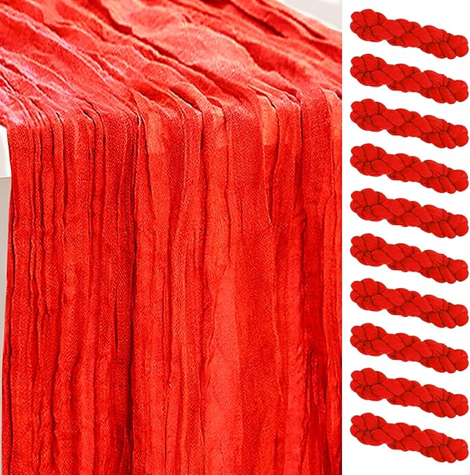 10 Pack Red Cheesecloth Table Runner 35x120 Inch 10Ft Rustic Gauze Cheese Cloth Table Runner Sheer Cheesecloth Table Runners for Wedding Party Bridal Shower Decoration