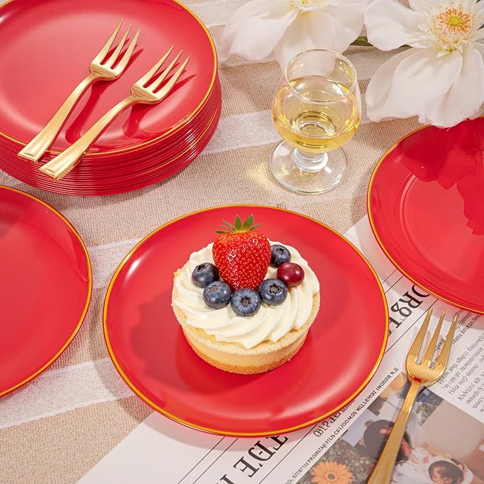 Festiva 200Pcs Red Gold Dessert Plates 6.3" with Plastic Forks 5"-Small Disposable Plates- Dessert/Cake/Appetizer Plastic Plates include 100Plates 100Forks for Christmas Party&New Year