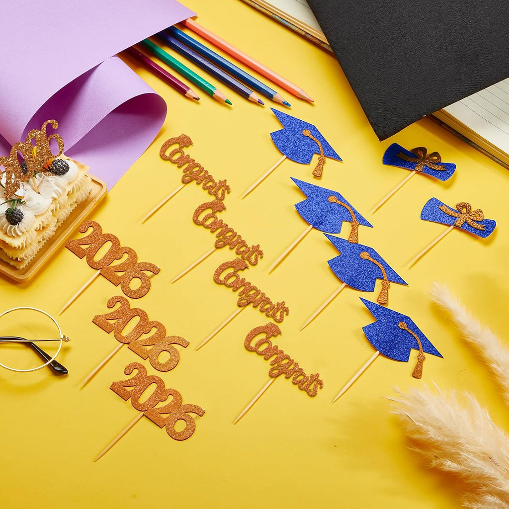 Chinco 100 Pack 2026 Graduation Decoration 2026 Graduations Cupcake Toppers Glitter Congrats Grad Cap Cake Caps Party Decorations Diploma Cupcake Picks for Graduation Party Decor(Blue and Orange)