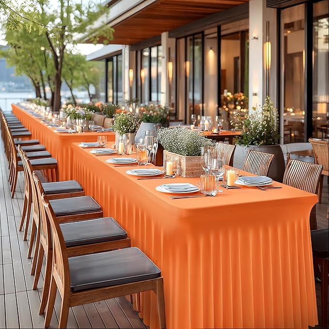 Wish Care 2 Pack Orange Spandex Table Clothes for 6 Foot Rectangle Tables, 6FT Wrinkle Free Fitted Tablecloths Ruffles Design Table Cover for Party, Banquet, Wedding and Events