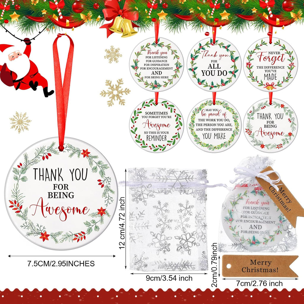 Barydat 36 Set Ceramic Christmas Appreciation Gifts for Coworkers, Thank You Ceramic Ornaments Xmas Tree Hanging Ornaments with Tags and Bag for Coworker Office Friendship Xmas Tree Decor (Wreath)